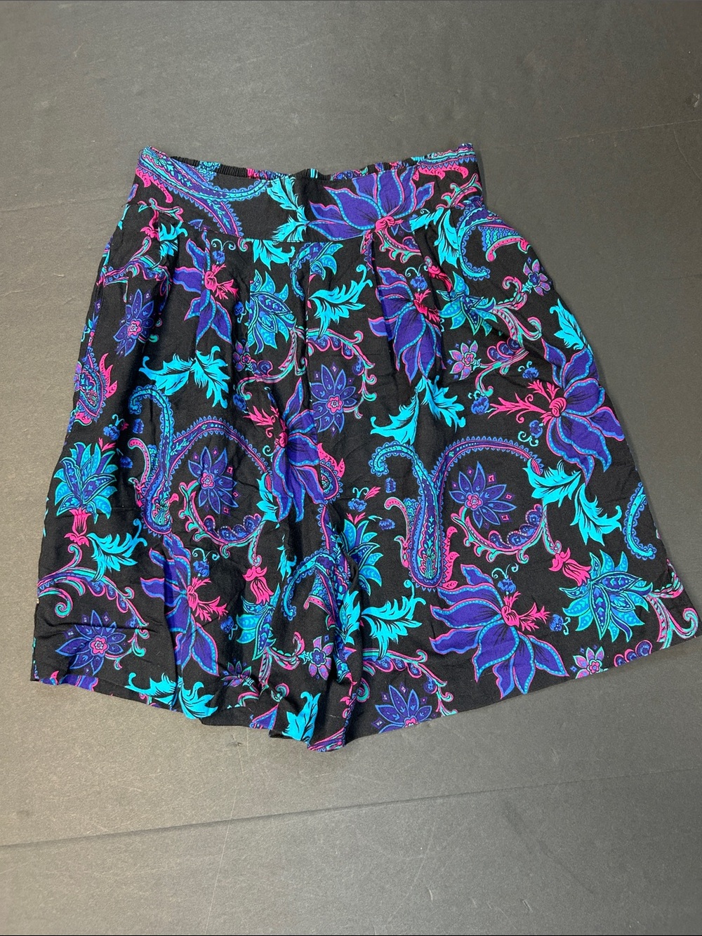 Vintage Black Floral Paisley Shorts with Turquoise & Purple Print
